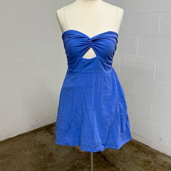 Blanco Royal blue 100% cotton linen strapless dress - Picture 2 of 8